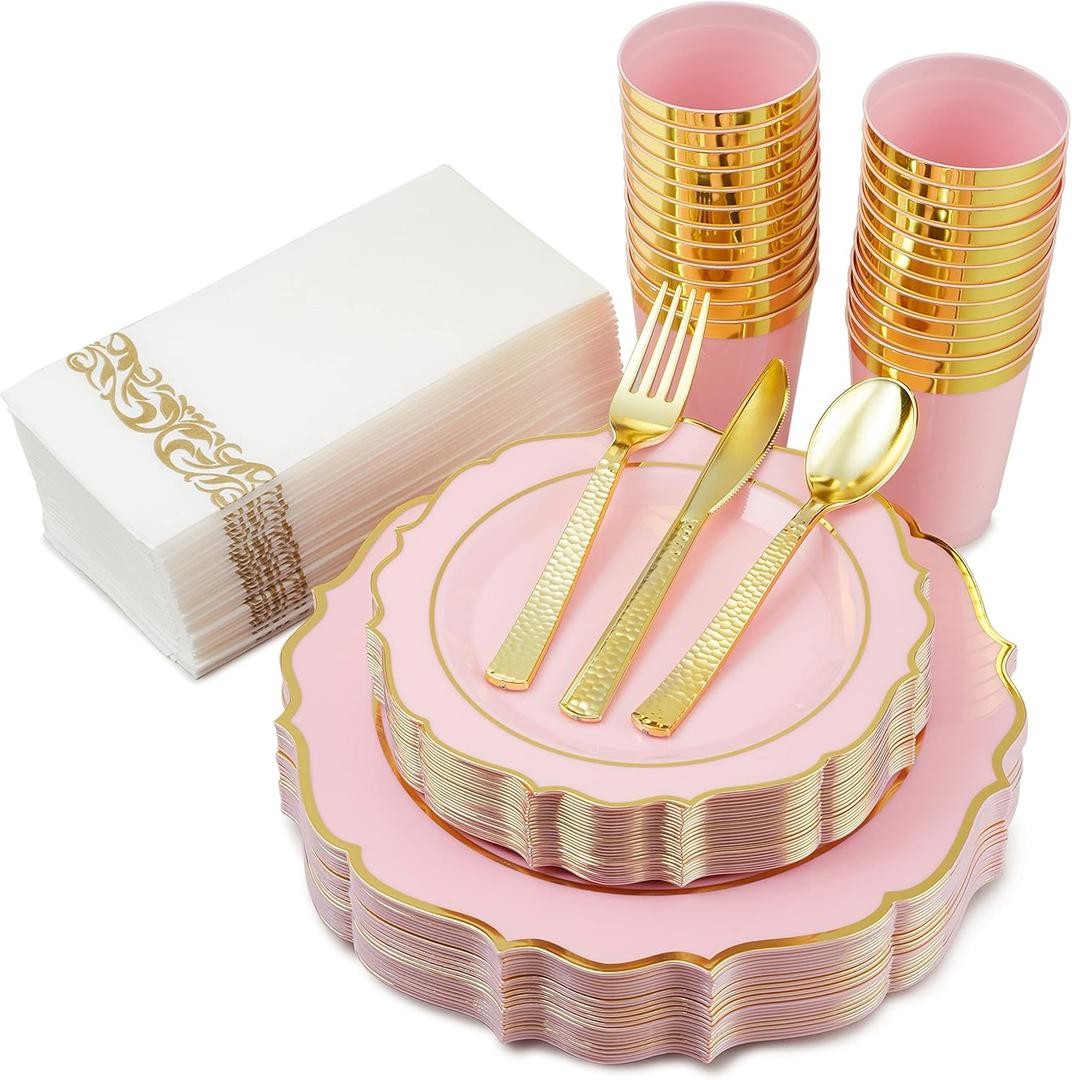175PCS Pink Plates and Napkins Party Supplies - 50 Disposable Plates, 25 Cups, 75 Gold Silverware, 25 Napkins, Pink Disposable Plates for Weddings, Baby Shower & Party