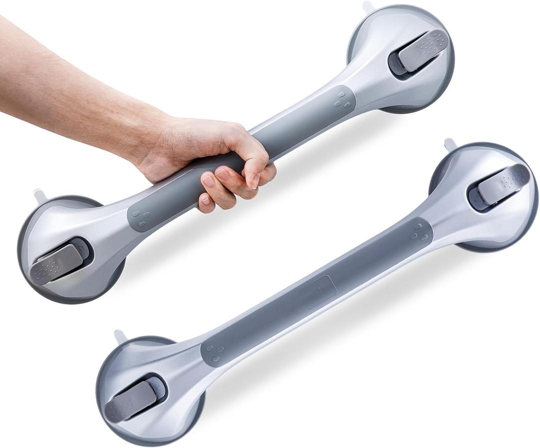 LEVERLOC Grab Bars for Shower 2 Pack, Suction Grab Bar Shower Handle for Bathroom Removable Handrails for Seniors Elderly Heavy Duty Safety Grip Waterproof Drill Free, Silver