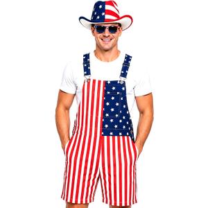 BobbleT American Flag Overall Shorts Patriotic 4th of July Outfit Costume with Hat Sunglasses for Men & Women Parade Party (XXL)