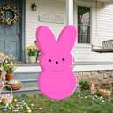 24 Inch Easter Yellow Bunny Metal Yard Signs with Stakes Easter Outdoor Lawn Decorations Pink Bunny Peep Signs Sturdy Reusable Spring Yard Decor for Front Yard Garden, Pink
