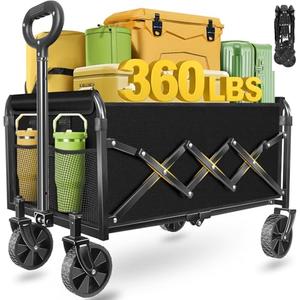Wagons Carts Foldable - Collapsible Wagon 360Lbs, Folding Wagon Cart with Wheels, Foldable Wagons Portable for Groceries, Sports, Camping, Storage, Travel, Shopping -Jet Black