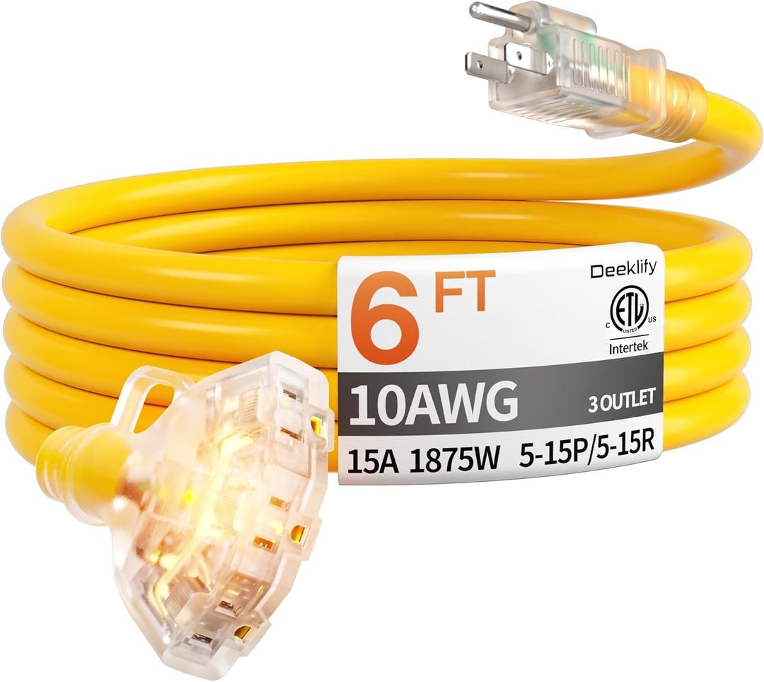 6 ft 10 Gauge Heavy Duty 3 Outlet Extension Cord Splitter with Indicator, Waterproof Outdoor Extension Cord with Multiple Outlets, 15A 1875W for Workshop, ETL Listed, Flexible Yellow SJTW