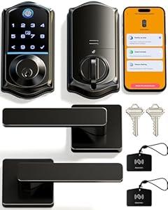 Veise VE017-B Fingerprint Smart Lock for Front Door, App Control, 8-in-1 Keyless Entry Deadbolt with 2 Zinc Alloy Lever Handles Set, Emergency Power Port, Auto Lock, Electronic Keypad, Black
