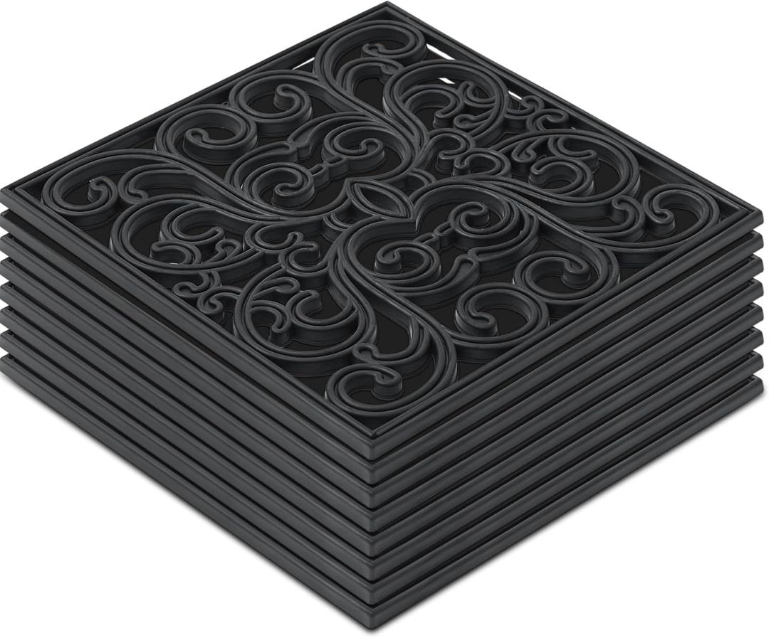 Pangda 8 Pcs Rubber Stepping Stones Outdoor Garden Walkway, 12 x 12 Inch Heavy Duty Pathway Pavers Retro Decorative Stepping Stones for Outside Landscaping Yard Lawn Path(Black,Scroll Square)