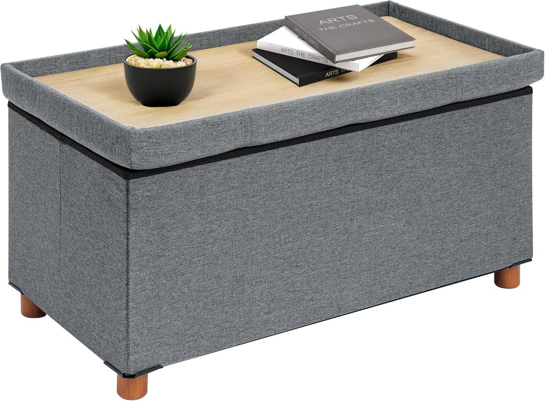 B FSOBEIIALEO Storage Ottoman with Tray, Foot Stools and Ottomans with Legs, Storage Cube Seat Linen Grey 30", Large