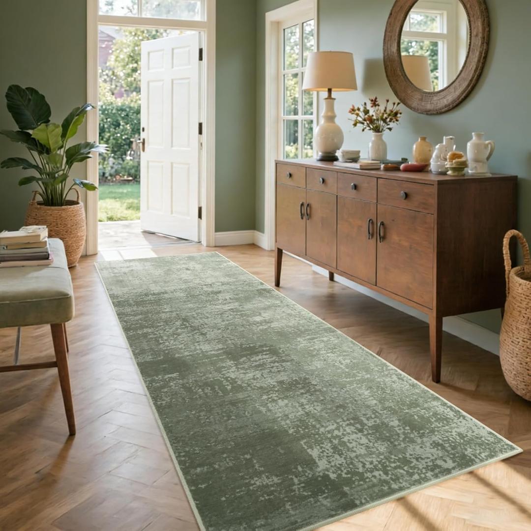 2x6 Ft Washable Runner Rug, Non-Slip Low Pile Hallway Kitchen Area Rug, Soft Long Entryway Floor Mat Abstract Pattern Carpet for Bedside & High-Traffic Areas (Green)