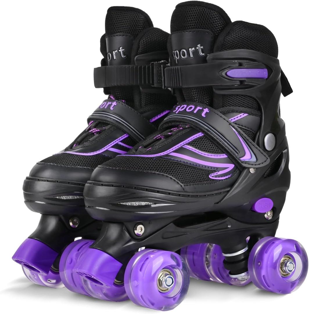Roller Skates for Little Kids, 4 Size Adjustable Roller Skates with All Wheels Light up, Fun Illuminating Rollers Skates for Boys Beginners,3 Colors to Choose (Black Purple)