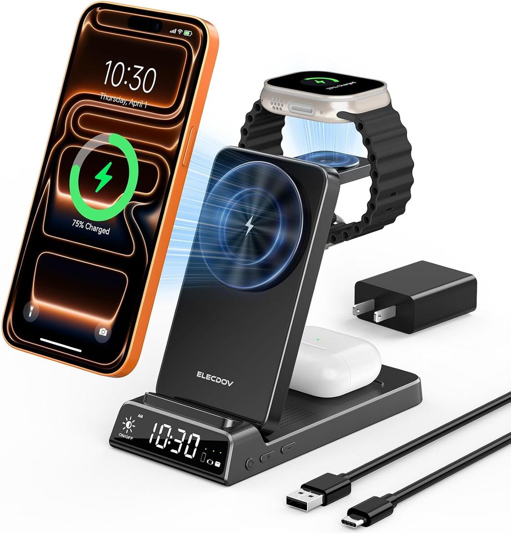 3 in 1 Charging Station for Apple, ELECDOV Magnetic Charger for iPhone, Foldable Wireless Charger with Clock, Travel Watch Charger Stand for iPhone 17/Air/16/15 Series, iWatch 10/AirPods 4 (Black)
