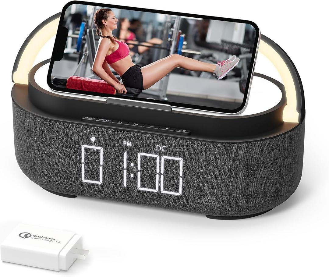 COLSUR Bluetooth Speaker with Wireless Charger, FM Radio, Dimmable LED Night Light, Stereo Sound Dual Wireless Speakers, 2500mAh Portable Speaker for Home Decoration, Bedroom, Office, Gift (Black)