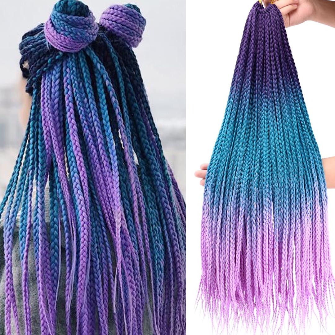 Ombre Purple Crochet Box Braids Pre looped 3X Goddess Box Braids Crochet Hair for Black Women 6 Packs 24 Inch Knotless Straight Braiding Hair (Purple/Blue/Light Purple#)