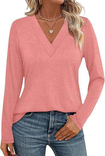 Womens V Neck Long Sleeve Shirts Dressy Casual Fall Tops Trendy Loose Tunic Tops Blouse (Large, Pink)