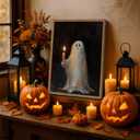Framed Vintage Halloween Ghost Canvas Wall Art, Cute Ghost Holding Candle Pictures Wall Decor, Spooky Gothic Dark Academia Paintings Prints for Living Room Bedroom Bathroom 16x24 inch
