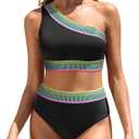 Women High Waisted Bikini Set - One Shoulder Two Piece Swimsuits Color Block Bathing Suits with Swimwear Bottom (X-Large, Black)