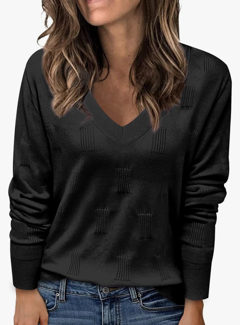 Buauty Womens Fashion V Neck Long Sleeve Knitted Ribbed Pullover Sweaters Casual Lightweight Loose Fit Jumper Tops L