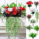 Daifunli 24 Pcs Artificial Plants for Outdoor, Fake Flowers Greenery UV Resistant Faux Plant Stems Shrubs Hanging Porch Patio Garden Window Box Home Wedding Summer Spring Decor(Green Red)