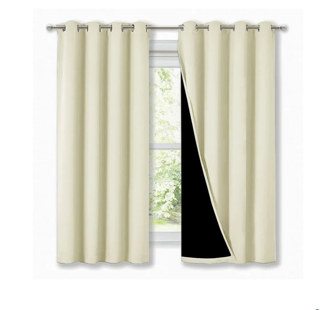 NICETOWN Cold Blocking Curtains, Bedroom Full Blackout Panels, Super Thick Insulated Window Covers, Complete Blackout Draperies with Black Liner for Short Window (Beige, Set of 2, 52" by 63")