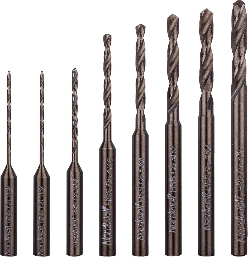 NordWolf 8-Piece M35 Cobalt Multi-Purpose Drill Bit Set, with 1/8" Straight Shank for Rotary Tools, SAE Sizes 1/32"-3/64"-1/16"-5/64"-3/32"-7/64"-1/8" in Storage Case