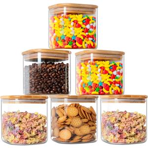YUNCANG Glass Storage Jars 27oz [Set of 6],Clear Glass Food Storage Containers with Airtight Bamboo Lid Stackable Kitchen Canisters for Candy,Cookie,Rice,Sugar,Flour,Pasta(Square)