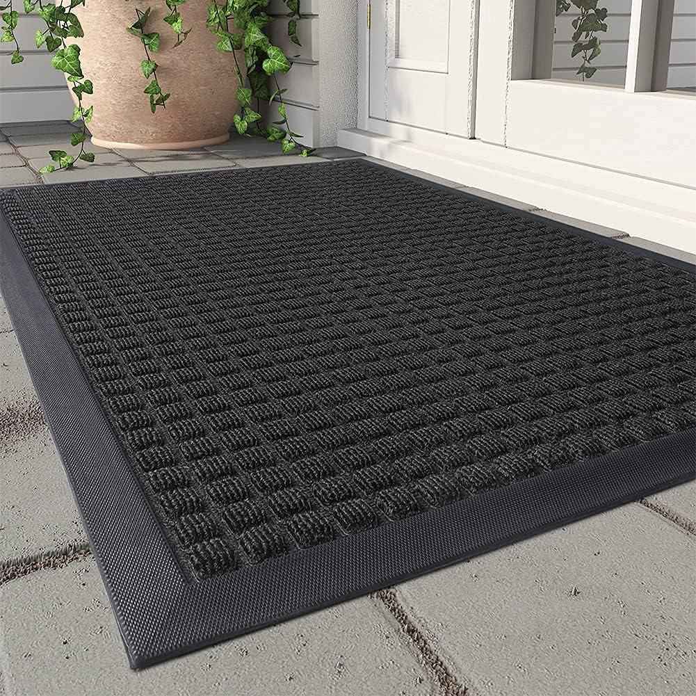 MontVoo-Door Mat Outside Entrance Outdoor Indoor Front Doormat for Entryway-Welcome Mat Durable Rubber Backed Entry Mat Non Slip Dirt Trapper Absorbent-Black 17x30 (1'5" x 2'6" (Rectangular))