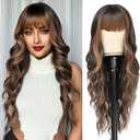 NAYOO Brown Wigs with Bangs for Women Long Curly Wavy Hair Wigs Heat Resistant Synthetic Fiber Wigs for Daily Party Use 26 Inches (Dark Brown Mixed Chestnut)