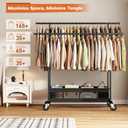 Double Rod Clothes Rack, Room Space Saving Organize, Bottom Basket | 10 Minutes Tool-Free Assembly, Heavy Duty 210 LBS, Anti-Wobble Design, Smooth Rolling Wheels, Bedroom, Dorm, Apartment