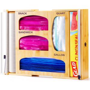 Bamboo 6 In 1 Foil and Plastic Wrap Organizer, Ziplock Bag Organizer/Holder Wrap Dispenser With Slide Cutter, for kitchen Drawer or House Wall Use, for Gallon,Quart,Sandwich Bag etc.