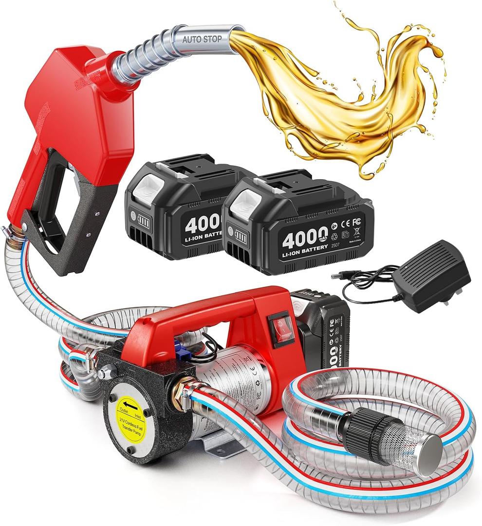 TaskStar Fuel Transfer Pump Battery Powered,12GPM Electric Pump Kit with 21V 2x4.0Ah Batteries & Charger, Portable Cordless Pump with Auto-off Nozzle & 2x 6.6FT Hoses for Diesel Kerosene Transfer