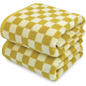 Luxury Bath Towels - Pack of 2 Cotton Bathroom Towels Sets for Body Drying 55x27.5 Inches, Mustard Yellow Checkered
