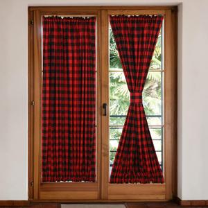 2 Pcs French Door Curtains with Bonus Tiebacks, Buffalo Plaid Sidelight Window Curtains, Red and Black, 25 x 72 Inch