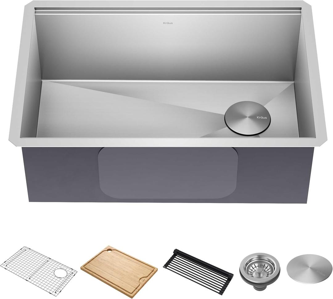 KRAUS Kore 28-Inch Undermount Workstation 16 Gauge Single Bowl Stainless Steel Kitchen Sink with Accessories, KWU110-28