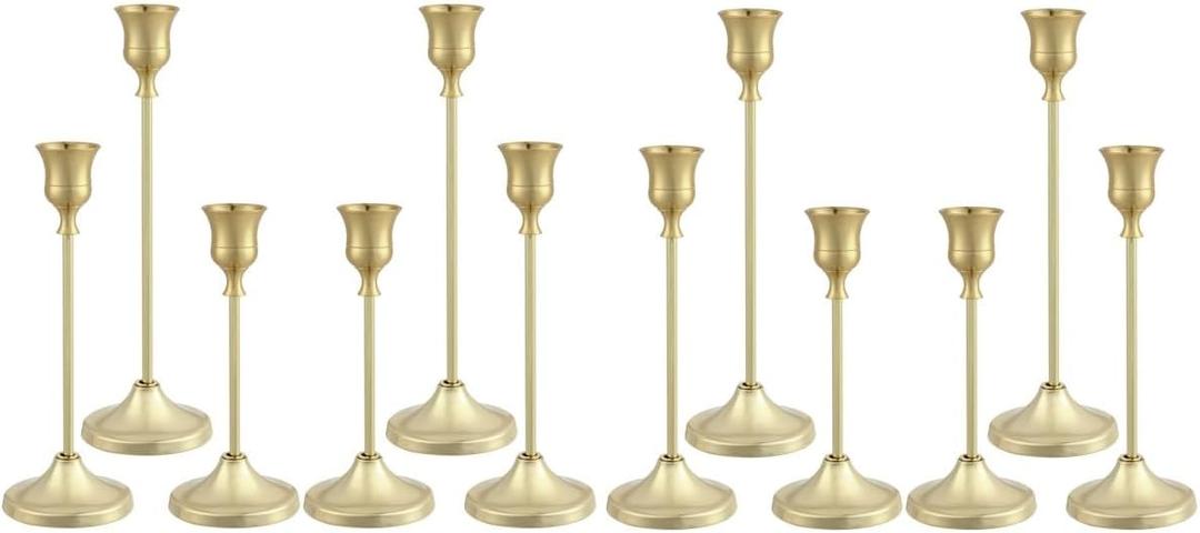 Candlestick Holders 4 Sets(12 Pcs), Gold Candle Holders with Anti-Slip Pad, Metal Taper Candle Holder, Candle Holder for Wedding Fireplace Mantel Housewarming Gift