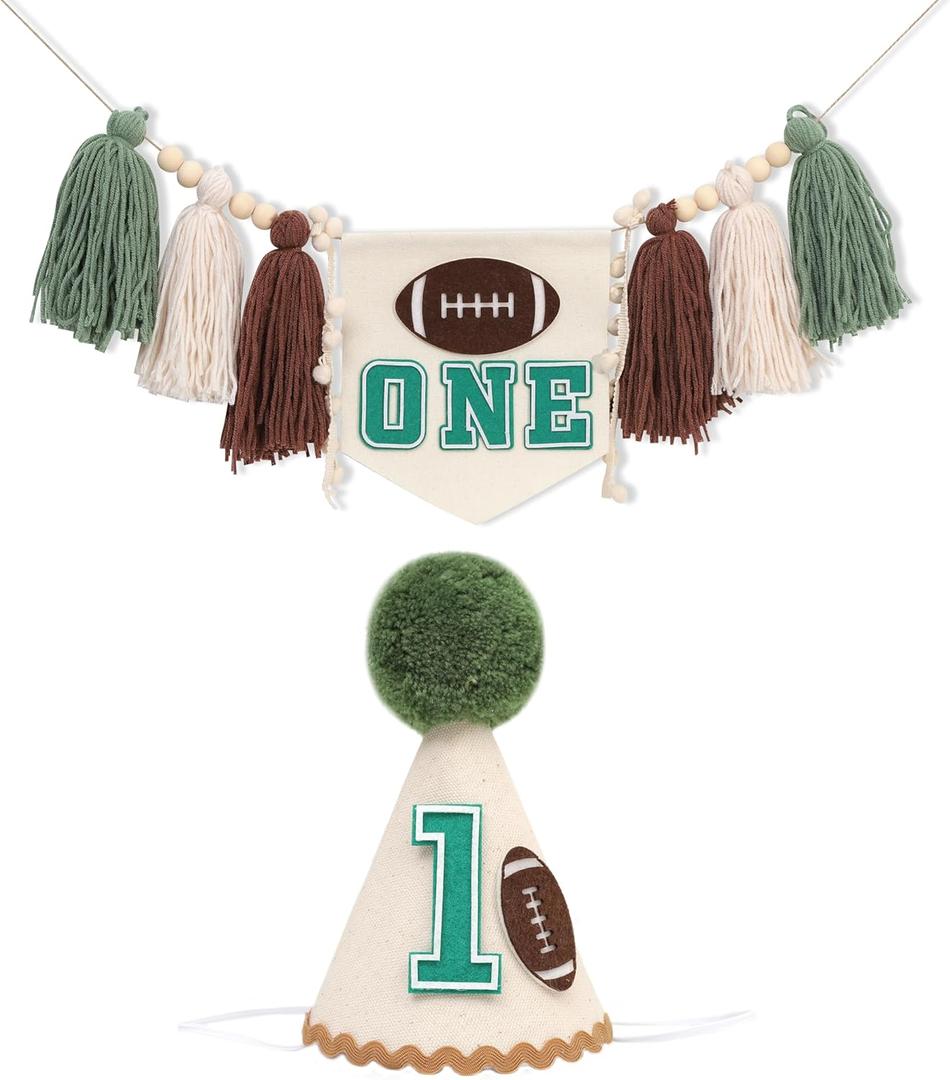 First Year Down Birthday Decorations for Football - One High Chair Banner and Hat set,Football 1st Birthday Party Hat,One Year Down Cake Smash Photo Backdrop,Sports Party Tassel for Baby Shower