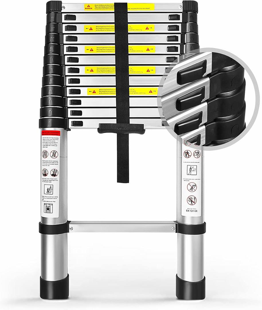12.5FT Telescoping Ladder, Aluminum extendable Ladder, Retractable Extension Ladder for Home and Outdoor Work, Load Capacity 330 pounds