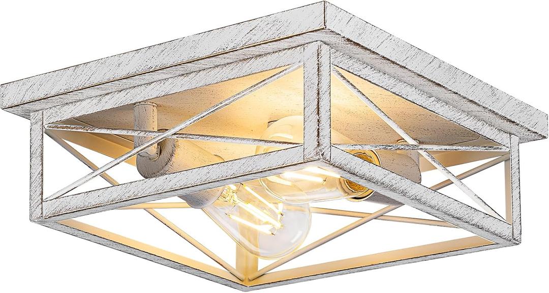 Kondras Antique White Hallway Light Fixture, 2-Light Farmhouse Flush Mount Ceiling Lighting, 1-Pack Metal Kitchen Lighting Fixture, Square Close to Ceiling Lamp for Bedroom Living Room Entryway