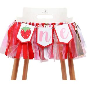 Strawberry 1st Birthday High Chair Banner, Strawberry Themed "One" High Chair Garland Decoration for First Birthday Party, Sweet Berry Decor for Smash Cake Backdrop Photo Props Party Supplies