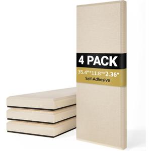 TONOR 4 PCS Large Acoustic Panel, 35.4 * 11.8 * 2.36 3D Fiberglass Sound Proof Panel with Full Self-adhesive, Decorative Echo Absorbing Wall Panel, for Studio, Living Room, Home, Office,Beige