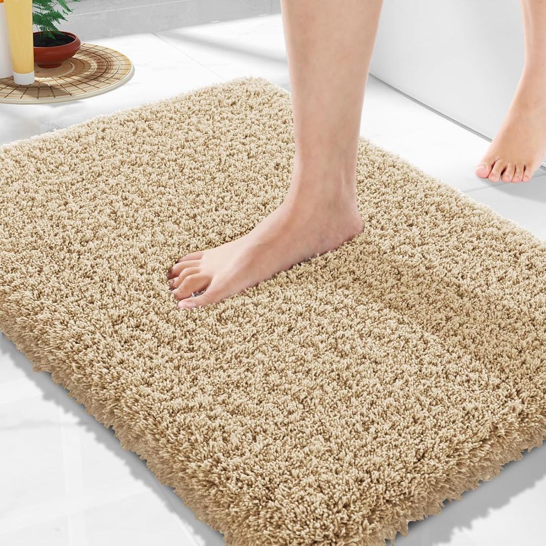 Yimobra Bathroom Rugs Non Slip Washable 24x17, Ultra Soft and Water Absorbent Bath Mats, Plush Fluffy Shower Mat Outside, Dries Quickly, Microfiber Thick Matts for Bathroom Floor/Sink, Pure Beige