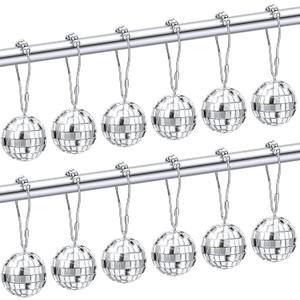 Bokon 12 Pcs Mirror Disco Balls Party Shower Curtain Hooks 70s Theme Party Bathroom Decor Silver Disco Retro Shower Curtain Rings Hooks Stainless Rustproof Bedroom Pendants for 80s Carnival Supplies