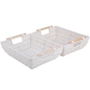 OIAHOMY Storage Baskets, Small Paper Rope Wicker Organizers with Wooden Handles, Baskets for Organizing, 2-Pack, White