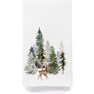 Green Christmas Tree Deer Kitchen Towels, Christmas Pine Tree Dish Tea Towels, Xmas Winter Forest Reindeer Decorative Hand Towel for Bathroom Kitchen, 16x24 Inch