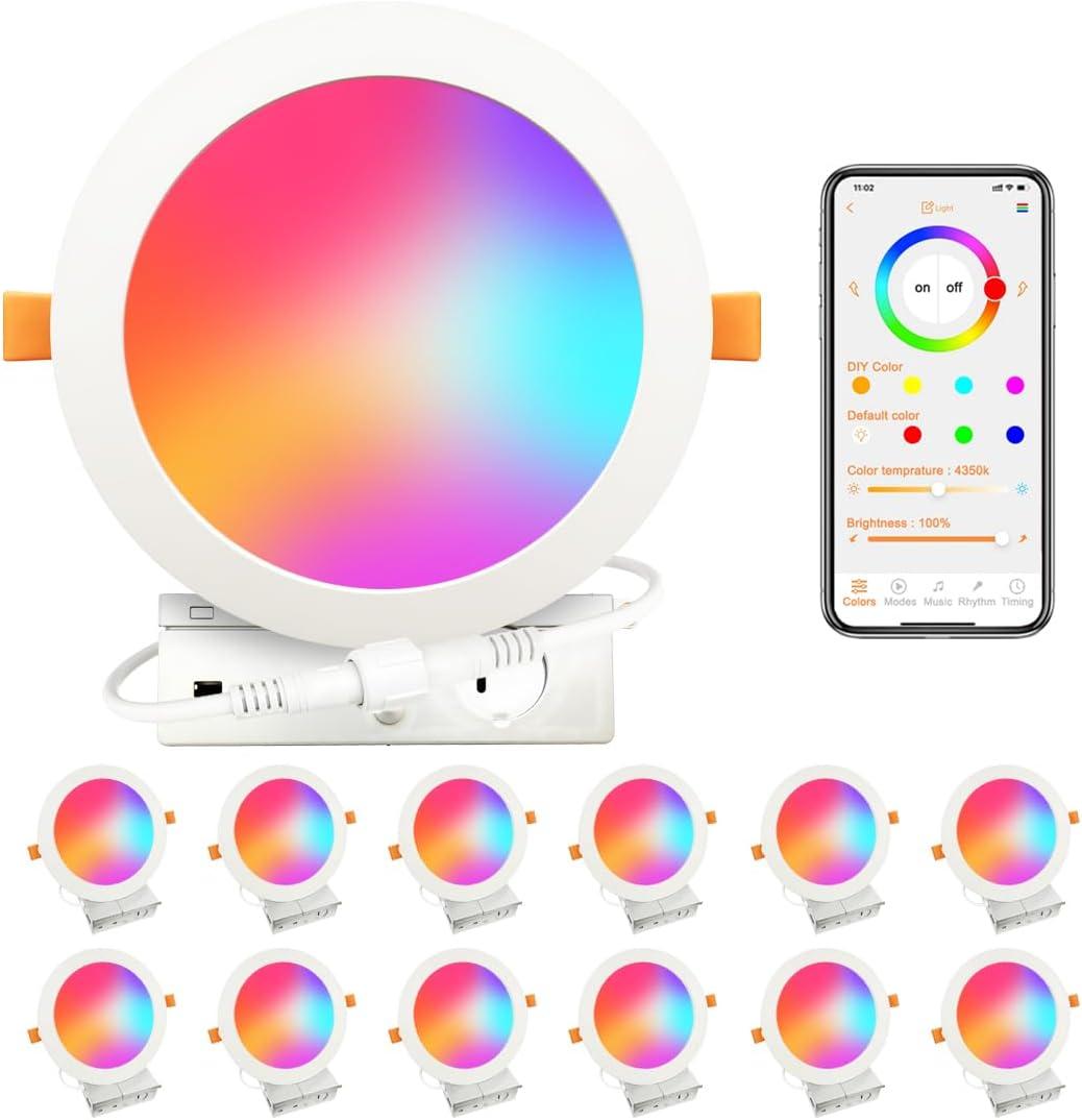MELPO Smart Recessed Lighting 6 Inch Compatible with Alexa & Siri，1500LM RGBWW Recessed Ceiling Light 2700K-6000K，16 Million Colors，Music Sync， DIY Scenes，16W LED Downlight with Junction Box，12 Pack