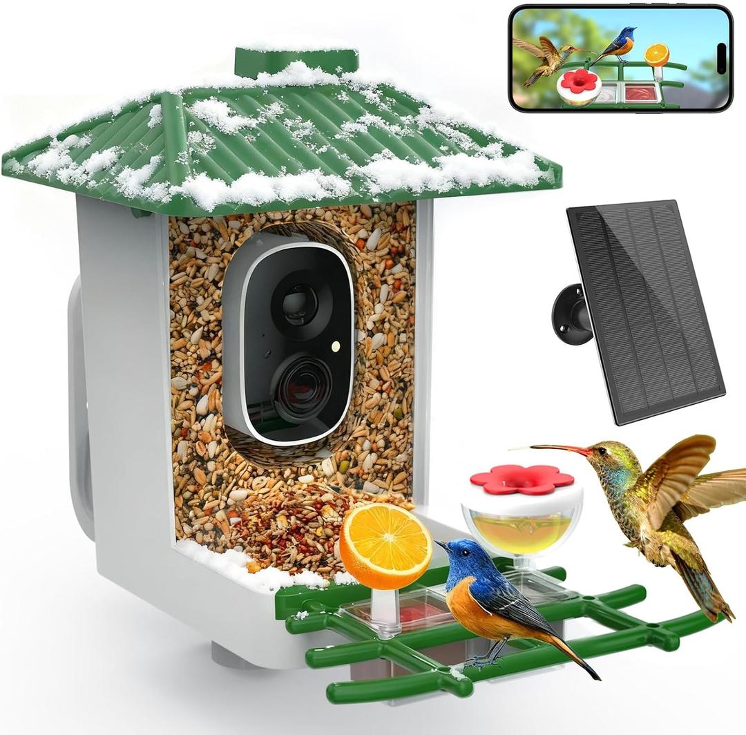 Smart Bird Feeder with Camera Solar Powered, 2K HD WiFi Live View Bird Feeders for Outdoors, AI Birds Recognition & Instant Alerts,Weatherproof Design Best Gift for BirdLovers & Garden Birdwatching
