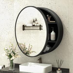 TokeShimi 24 Inch Round Bathroom Medicine Cabinet with Mirror Surface Mount Only Circular Metal Framed Farmhouse Black Medicine Cabinets for Wall Small Circle Mirrored Bath Cabinet with Vanity Mirror