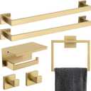 TNOMS 6-Piece Bathroom Hardware Set 23.6 Inch Gold Towel Bar Set Double Towel Bar Towel Ring Coat Hook and Toilet Paper Holder with Shelf Wall Mounted Stainless Steel Bathroom Accessories Set