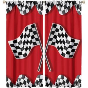 Race Car Blackout Curtains for Bedroom - Racing Car Flag Game Theme Racecar Checkered Flag Window Treatment,Rod Pocket Room Darkening Curtains 2 Panels 63L x 27.5W