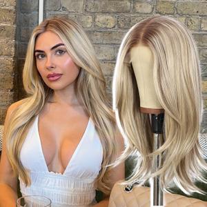 Blonde mix Brown Synthetic Lace Front Wig, 13x4 Straight Highlight Layered Wigs for Women Pre-plucked Natural Hairline Heat Resistant Hair with Dark Roots 18 Inch Daily Use