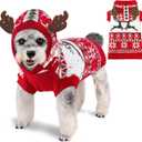 Dog Christmas Sweater Classic Red Pattern Dog Christmas Outfit with Reindeer Antler Hood Soft Warm Knitted Pet Clothes for Dogs Cats (XS (Back: 9.4",Chest: 11", Neck: 9.4"))