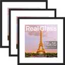 upsimples 16x16 Picture Frame Set of 3, Made of High Definition Glass for 12x12 with Mat or 16x16 Without Mat, Wall and Tabletop Display Photo Frames, Black