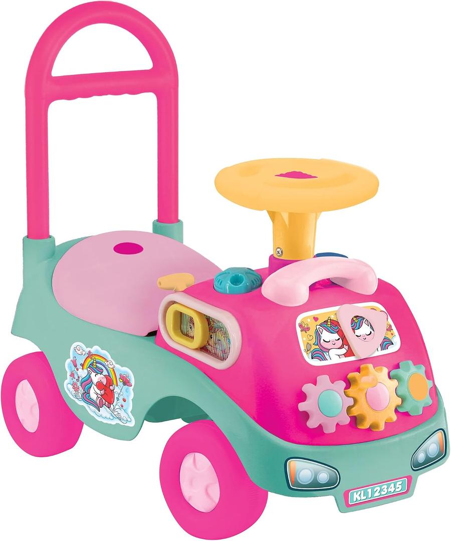 Kiddieland: My First Funtime Ride-On - Unicorn - Pink-Blue Lights Sounds Foot-to-Floor Vehicle, Interactive Dashboard, Seat Storage, Toddlers 12-36mo