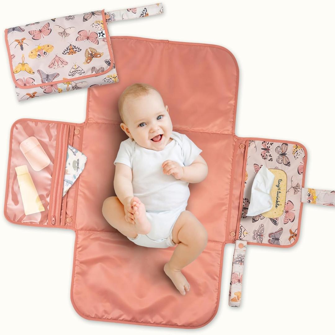 Tiny Twinkle Portable Diaper Changing Pad | Waterproof, Wipeable & Compact Baby Changing Pad for Travel | Smart Wipes Pocket & Organized Storage| Newborn Shower Gift (Flutter)